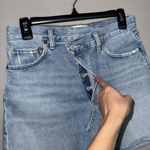 Agolde Denim Skirt 25 Blue Distressed Criss Cross Frayed Hem Organic Cotton - Picture 5 of 11